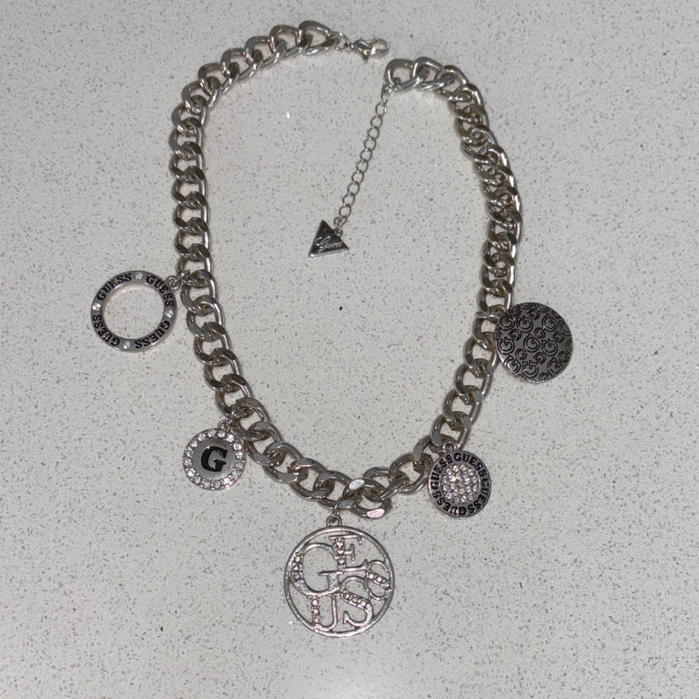 Guess Silver Charm Necklace with Logo Accents